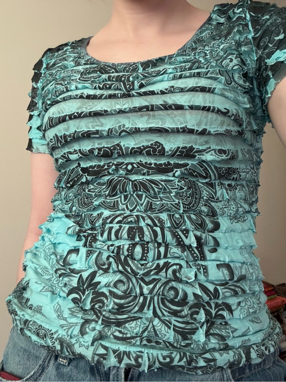 Women’s Ruffled Short-Sleeve Top in Aqua Blue